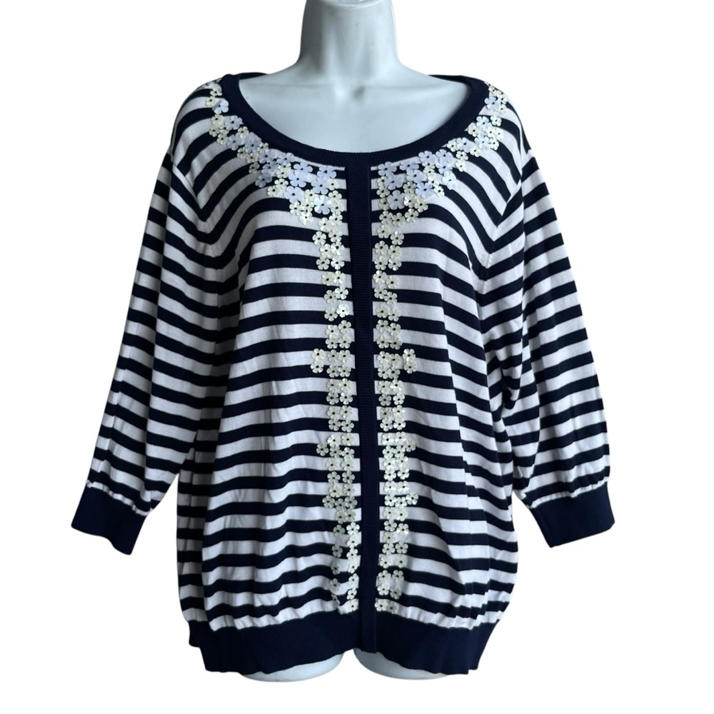 Cathy Daniels Striped Floral Pullover Knit Top Size XXL Blue White Petals Floral